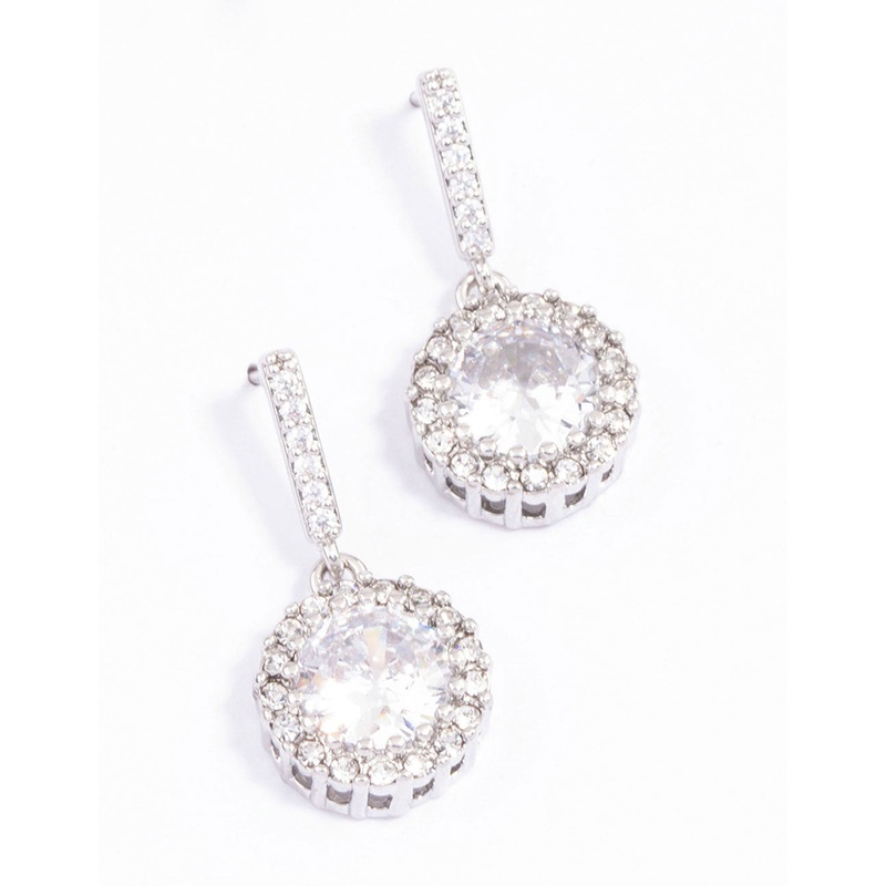 Silver Round Cushion Cubic Zirconia Drop Earrings