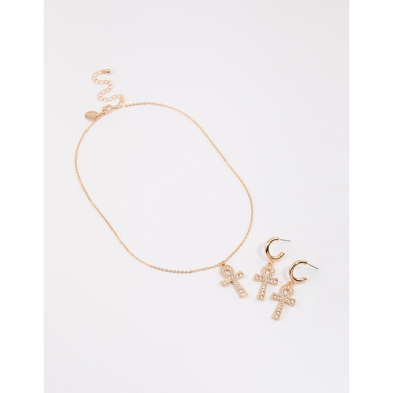 Gold Cross Necklace & Earrings Jewellery Set