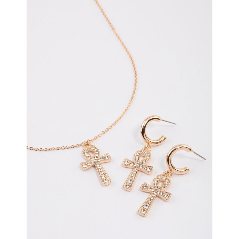 Gold Cross Necklace & Earrings Jewellery Set