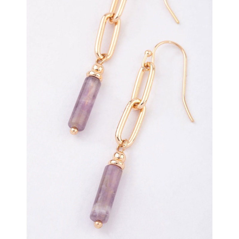 Gold Amethyst Chain Cylinder Stone Earrings