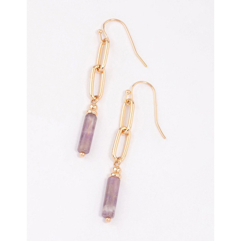 Gold Amethyst Chain Cylinder Stone Earrings