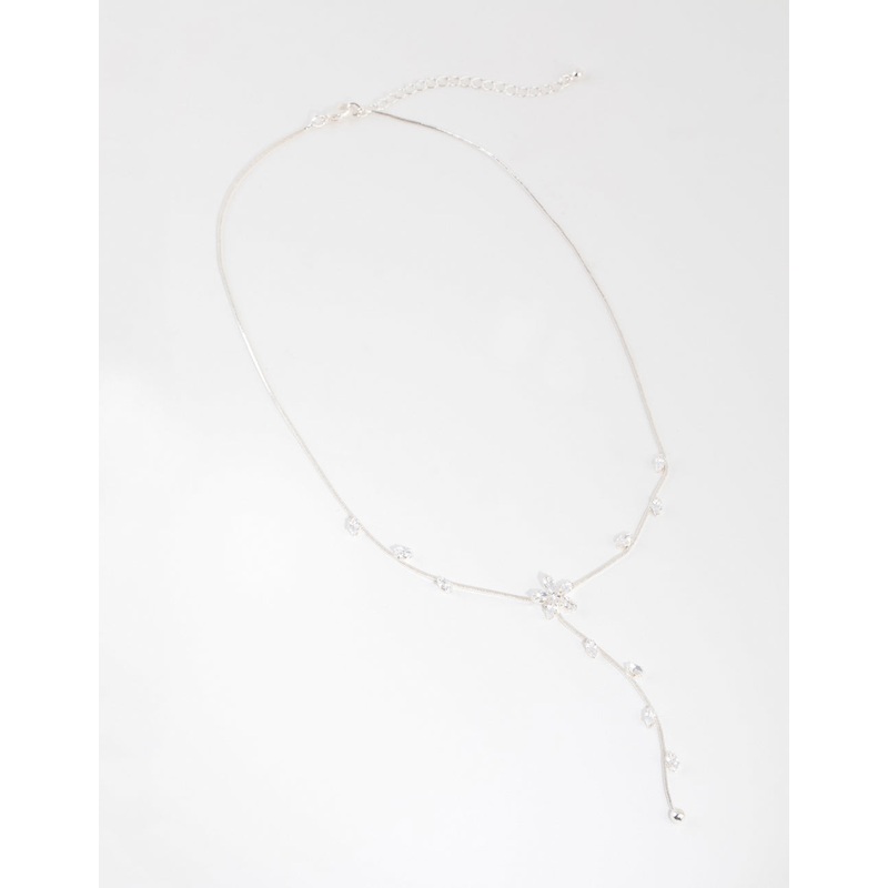 Silver Cubic Zirconia Flower Vine Y Necklace