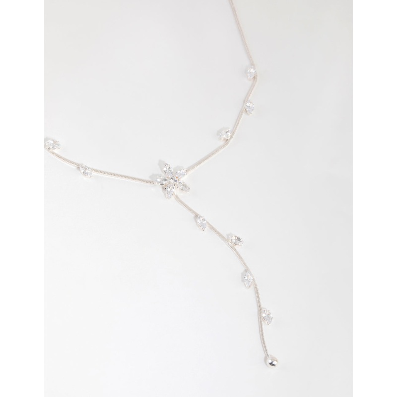 Silver Cubic Zirconia Flower Vine Y Necklace