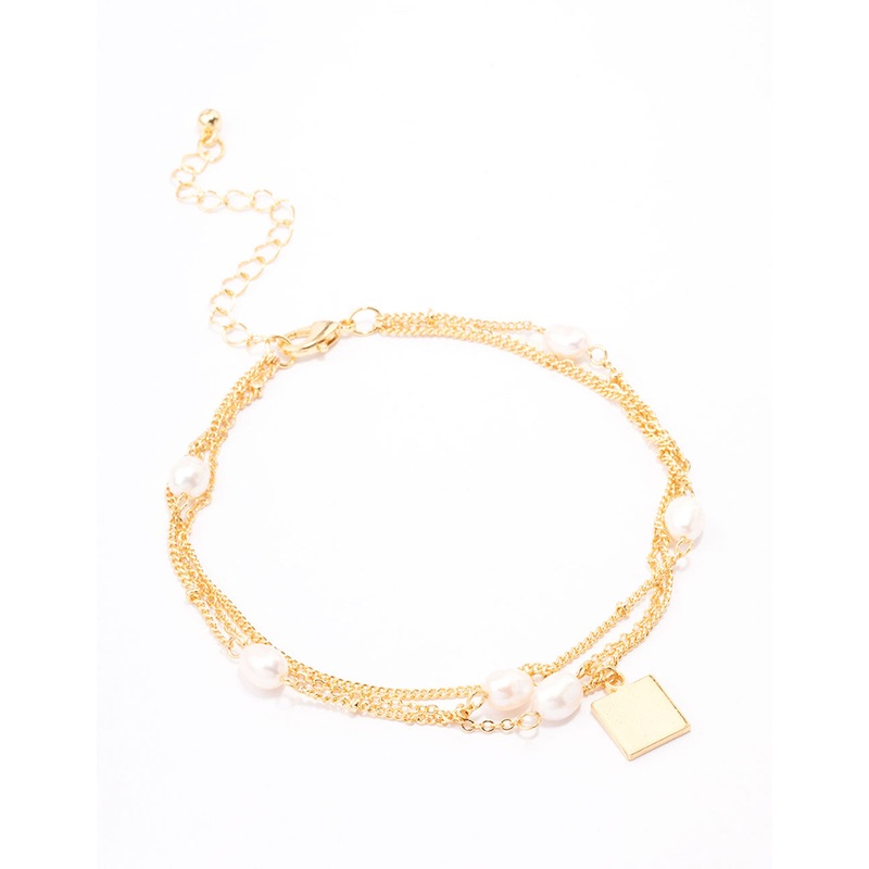 Gold Plated Layered Station Chain Freshwater Pearl Anklet