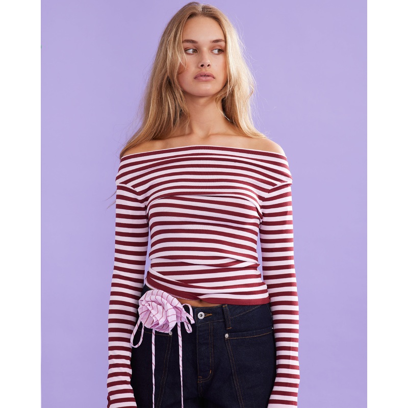 EMMA KNIT LONG SLEEVE BURGUNDY PINK STRIPE