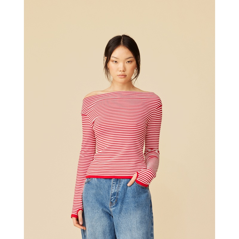 EMMA KNIT LONG SLEEVE  RED WHITE STRIPE