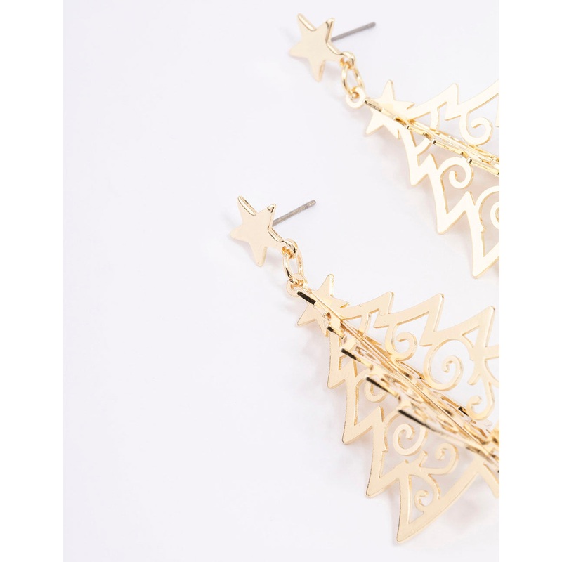 Gold Metallic Christmas Tree Drop Earrings