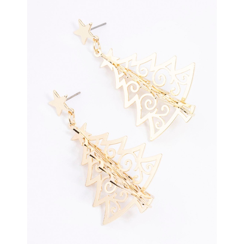 Gold Metallic Christmas Tree Drop Earrings