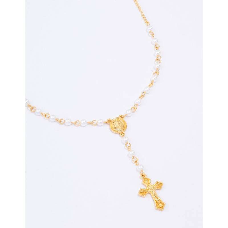 Gold Plated Pearl Cross Y-Shaped Pendant Necklace