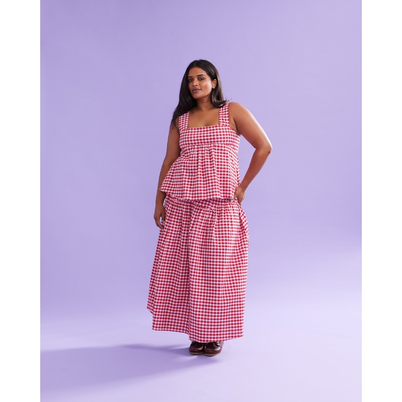MARGIE TIE-BACK TOP RED LILAC TARTAN