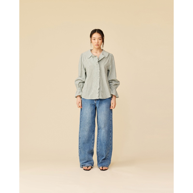 SANDLER RUFFLE SHIRT KHAKI STRIPE