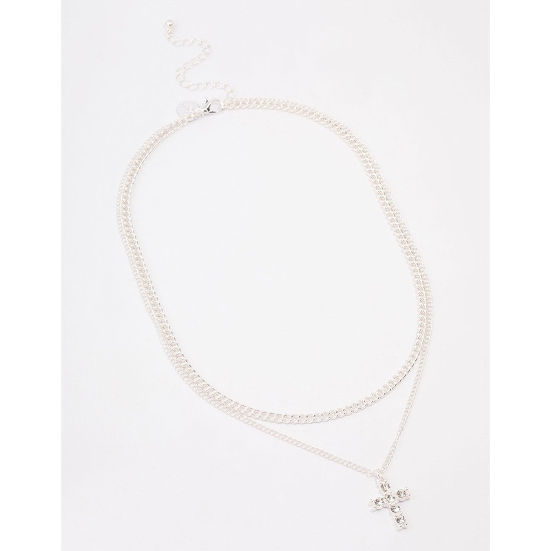 Silver Plated Diamante Cross Layered Curb Necklace