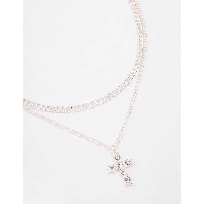Silver Plated Diamante Cross Layered Curb Necklace