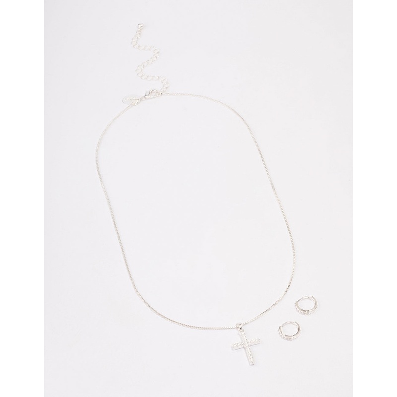 Silver Plated Diamante Cross Necklace & Huggie Earrings Jewellery Set