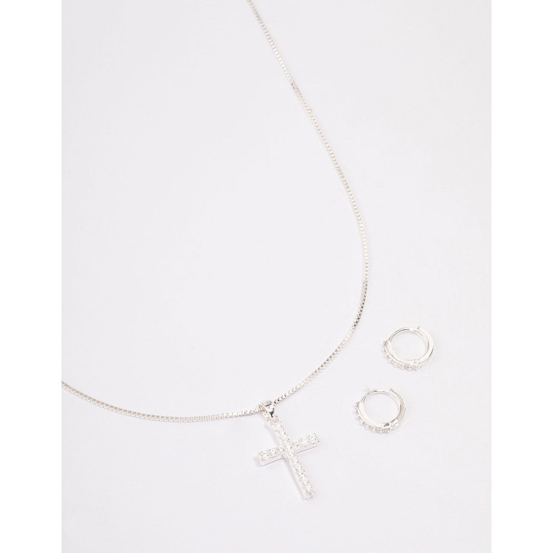 Silver Plated Diamante Cross Necklace & Huggie Earrings Jewellery Set