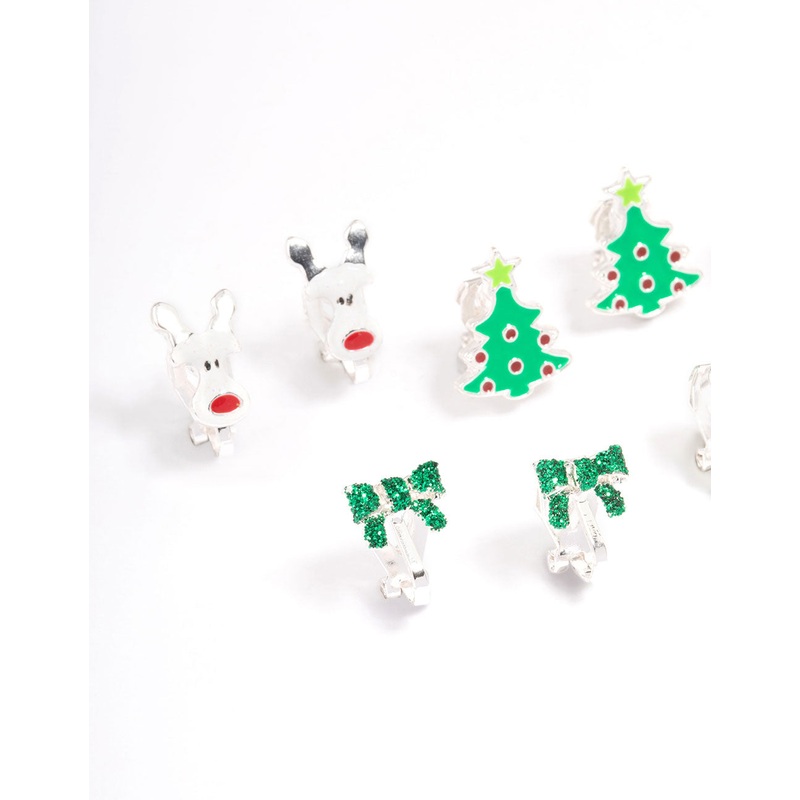 Kids Christmas Glitter Bow Clip On Earrings 5-Pack