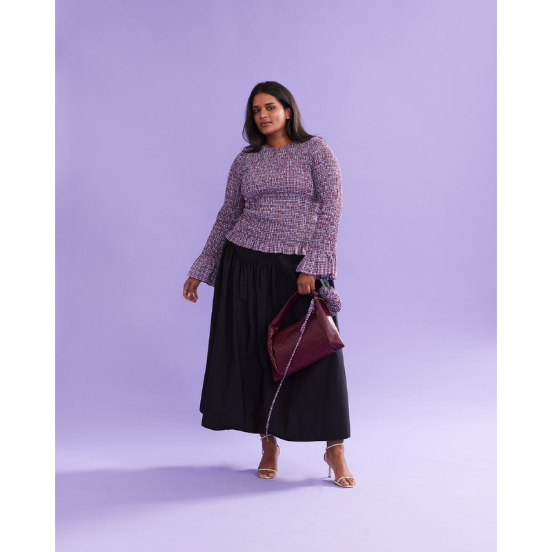 SKY SHIRRED LONG SLEEVE BLUE WINE GINGHAM