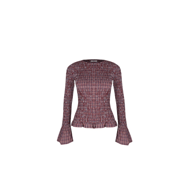 SKY SHIRRED LONG SLEEVE BLUE WINE GINGHAM