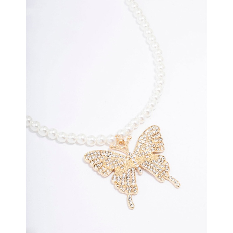 Gold Pearl & Butterfly Diamante Pendant Necklace