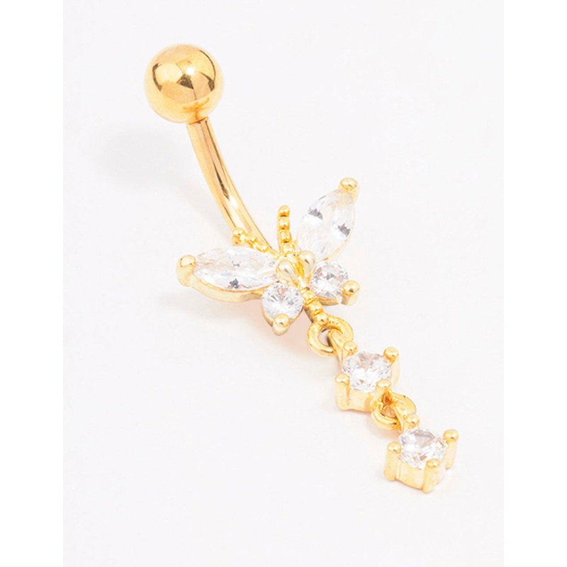 Gold Plated Surgical Steel Cubic Zirconia Butterfly Drop Belly Ring