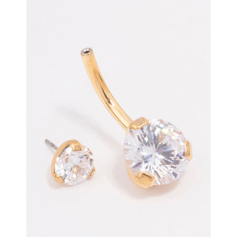 Gold Plated Surgical Steel Double Round Cubic Zirconia Belly Ring