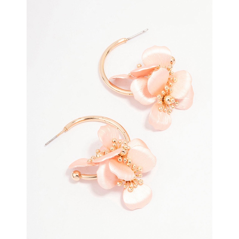Gold Smooth Hoop Flower Huggie Earrings