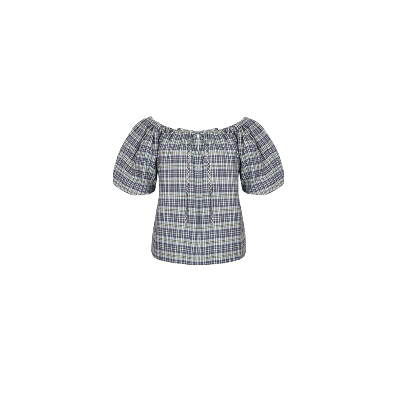 HYDRA OFF SHOULDER BLOUSE NAVY YELLOW TARTAN