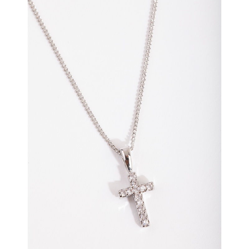 Silver Diamond Simulant Pave Cross Necklace