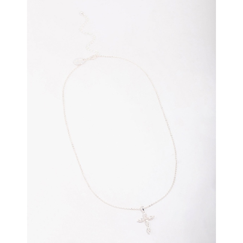 Silver Plated Brass Large Marquise Cross Pendant Necklace