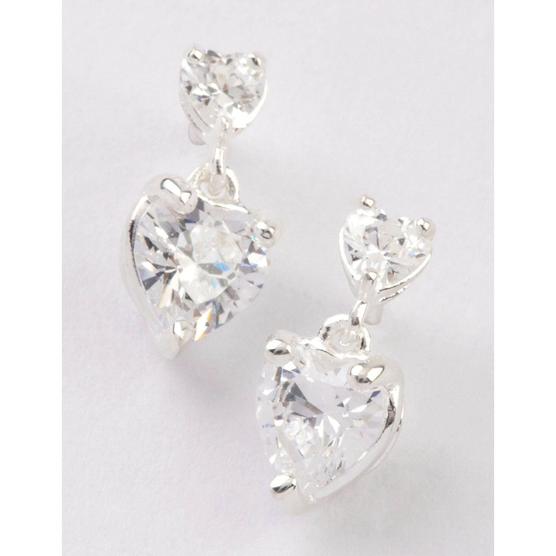 Sterling Silver Cubic Zirconia Heart Stud & Drop Earrings