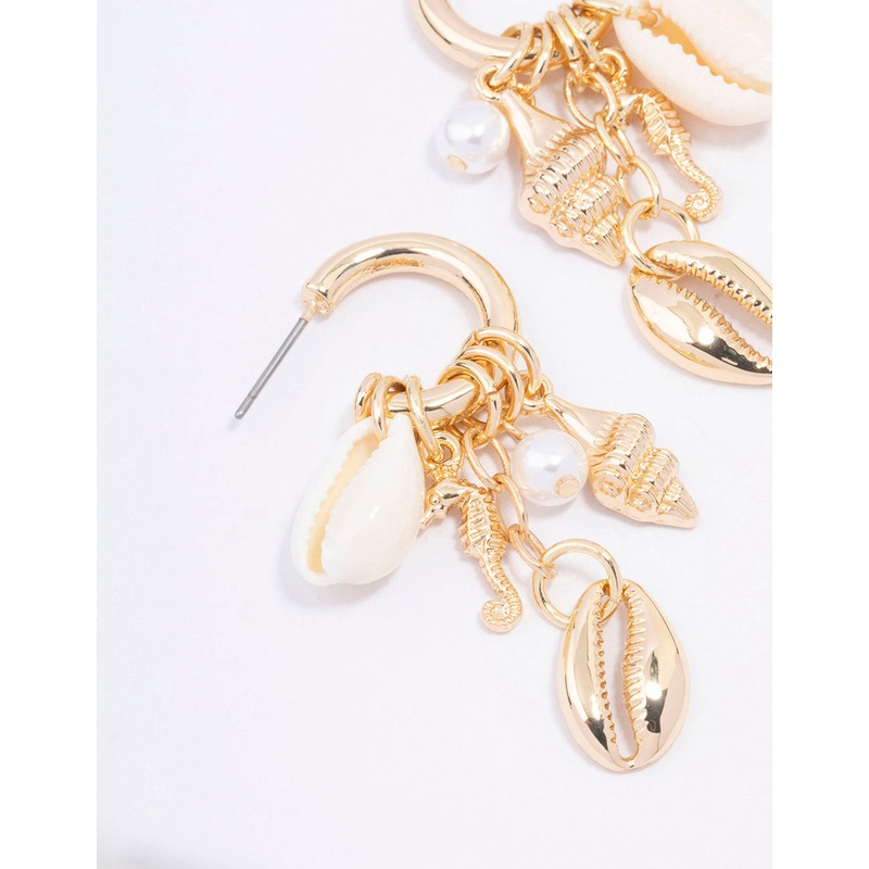 Gold Shell Pearl Charm Hoop Earrings