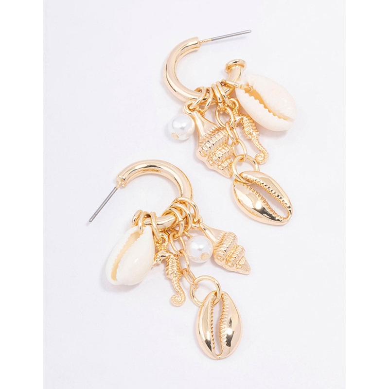 Gold Shell Pearl Charm Hoop Earrings