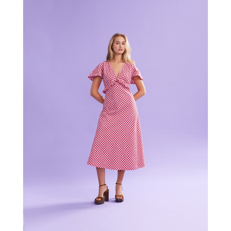 PETAL RUFFLE MIDI DRESS RED LILAC TARTAN