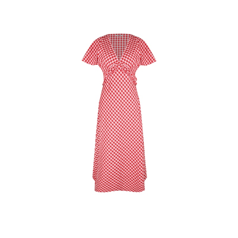 PETAL RUFFLE MIDI DRESS RED LILAC TARTAN