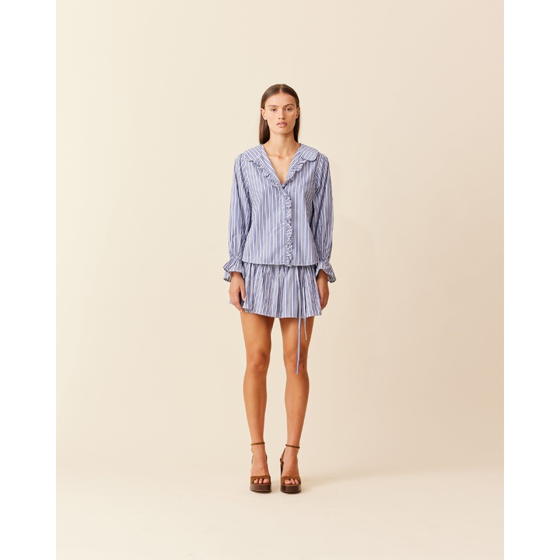 SANDLER RUFFLE SHIRT NAVY STRIPE