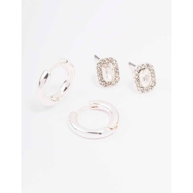 Silver Rectangle Halo Diamante Hoop Earring Pack