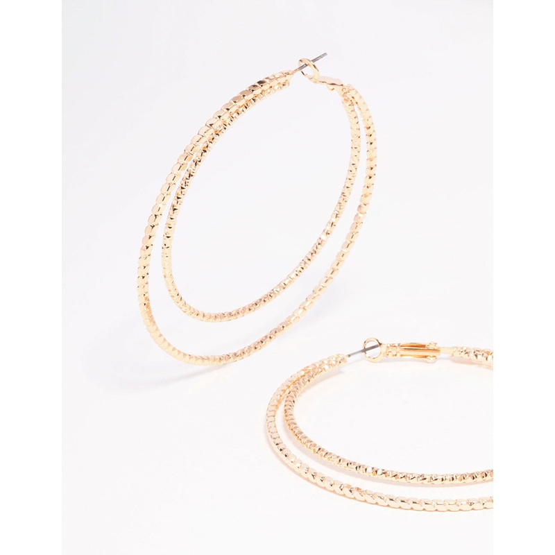 Gold Textured Double Large Hoop Earrings