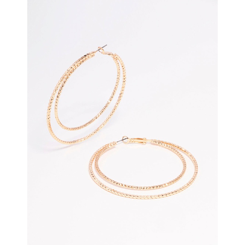 Gold Textured Double Large Hoop Earrings