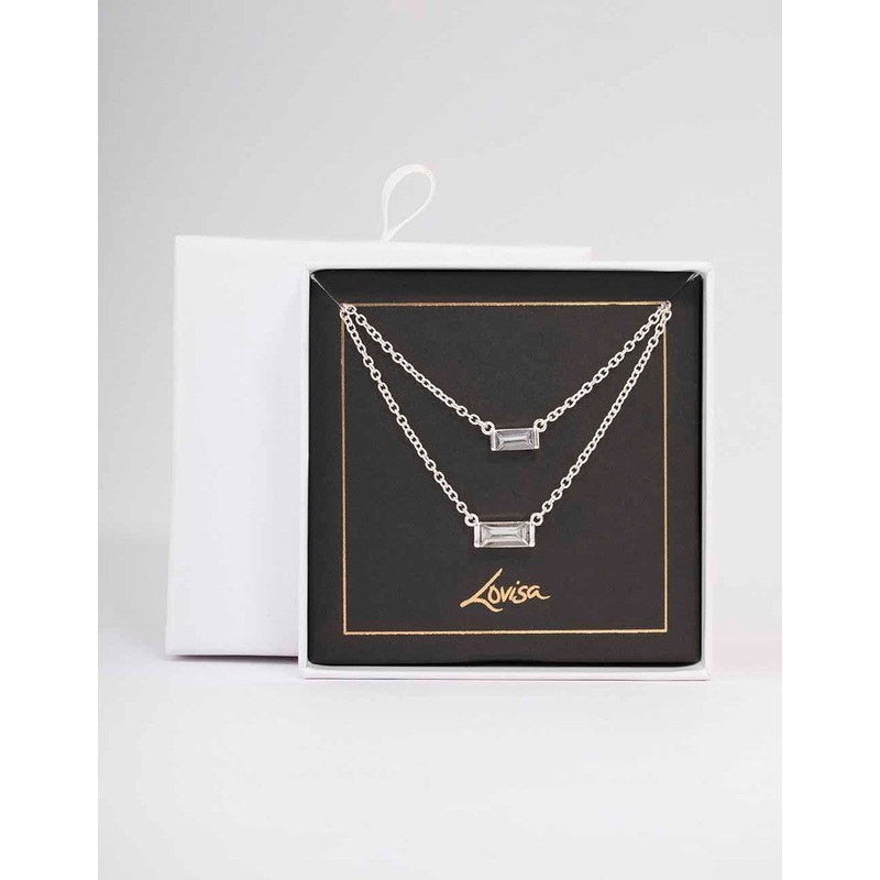 Silver Double Chain Baguette Necklace