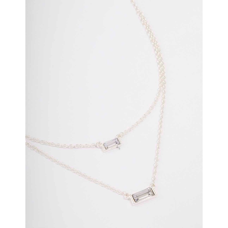 Silver Double Chain Baguette Necklace