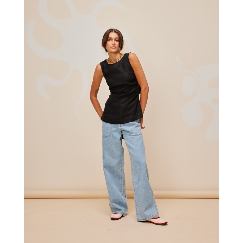 AVA LINEN BOW TOP BLACK|4|6|8|10|12|14|16|18|20