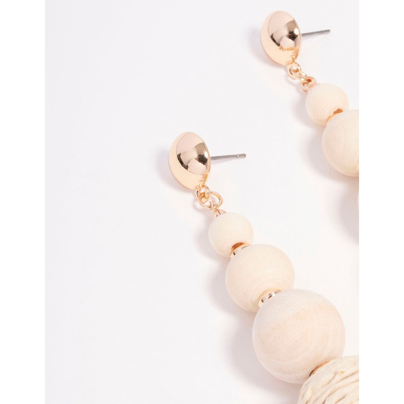 Gold Wide Raffia Ball Drop Earrings