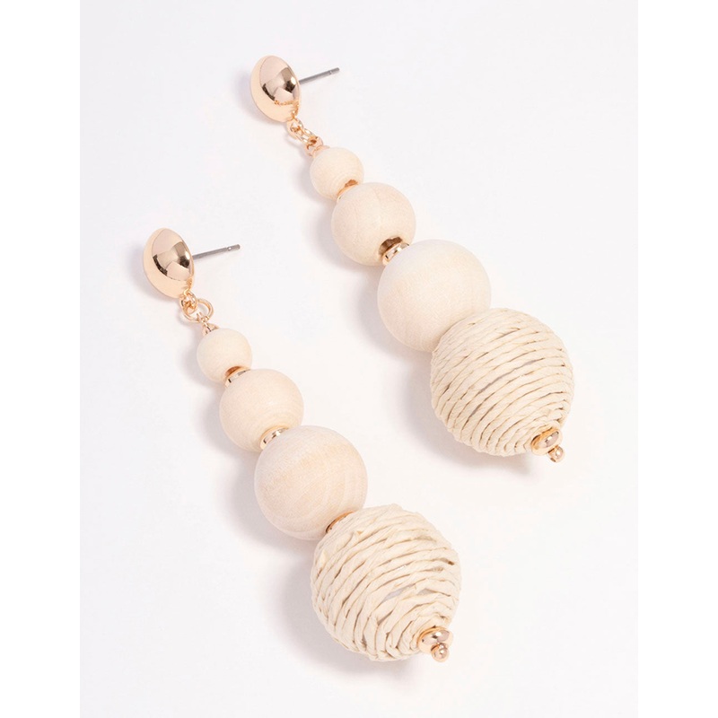 Gold Wide Raffia Ball Drop Earrings