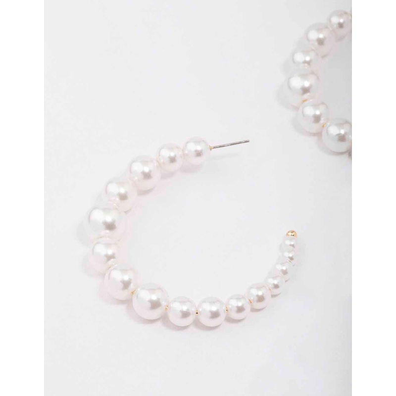 Gold Medium Pearl Hoop Earrings