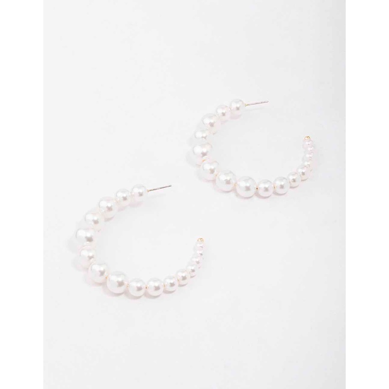 Gold Medium Pearl Hoop Earrings