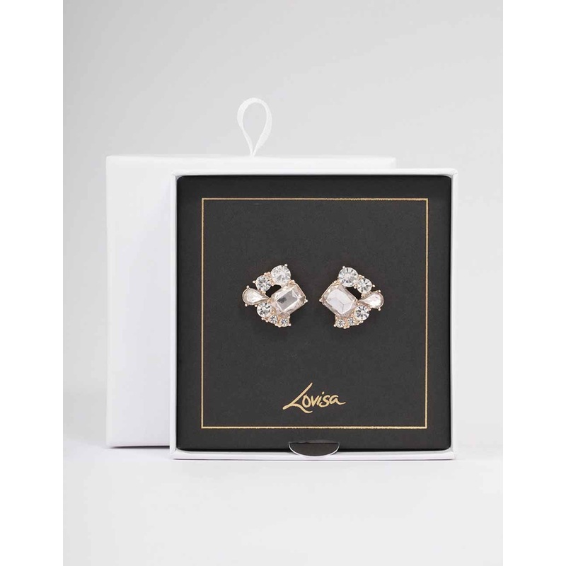 Rose Gold Rectangle Diamante Marquise Stud Earrings