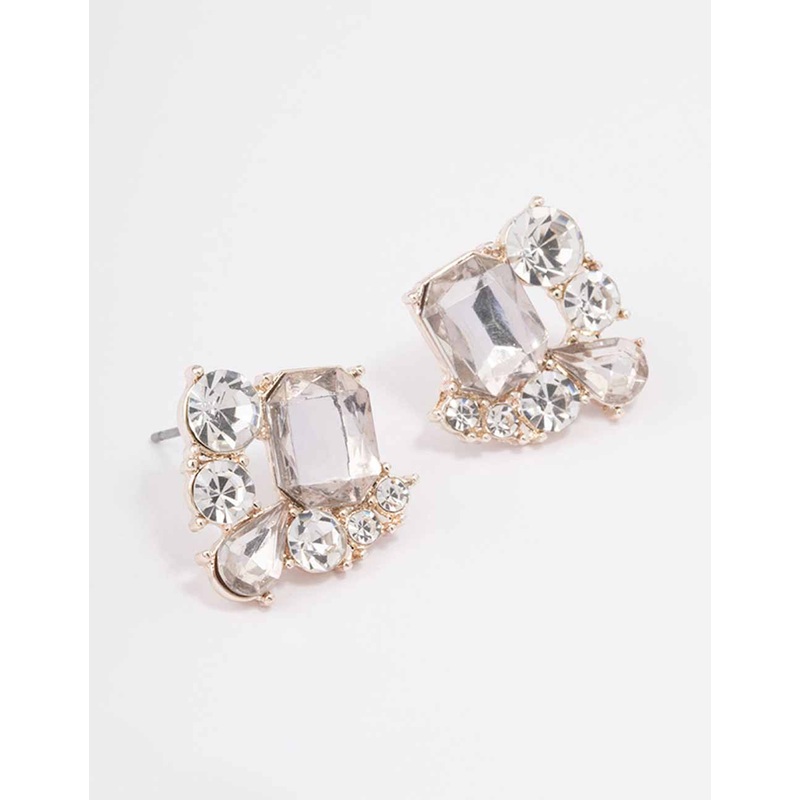Rose Gold Rectangle Diamante Marquise Stud Earrings