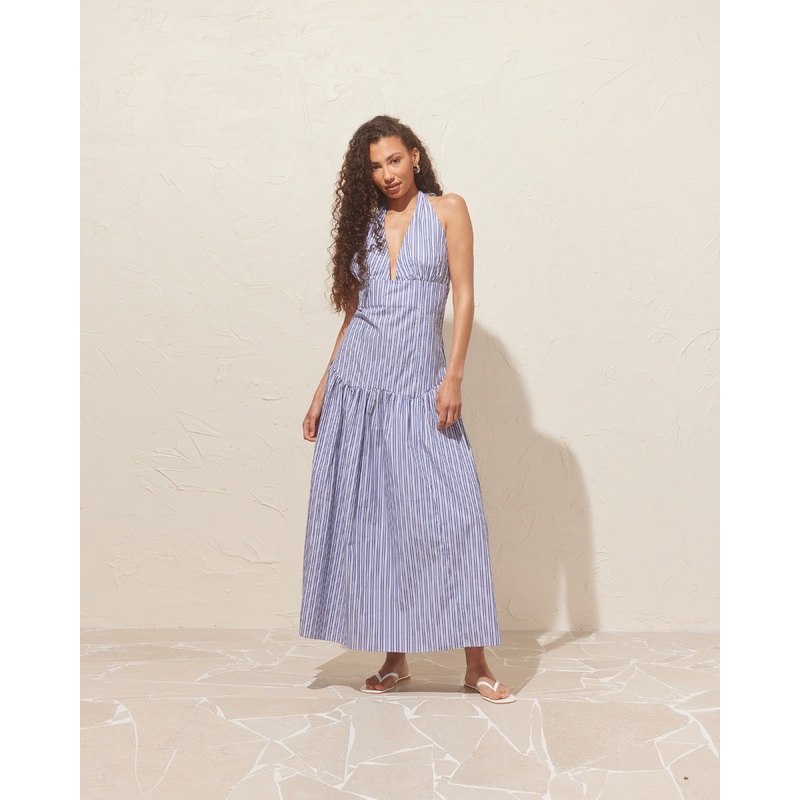 RELAXE HALTER DRESS NAVY STRIPE