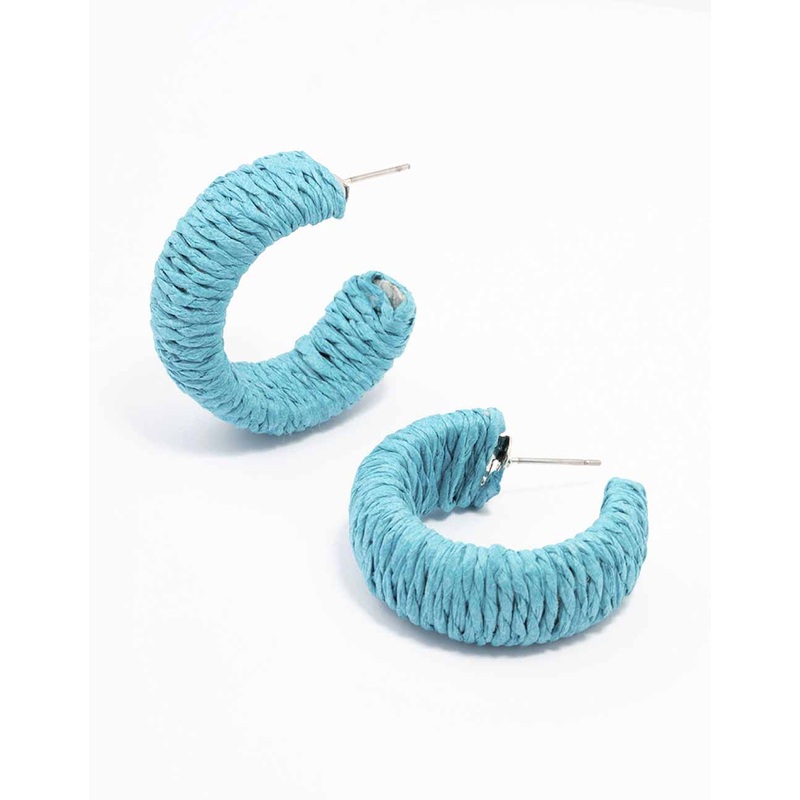 Blue Thread Through Wrapped Hoop Earrings