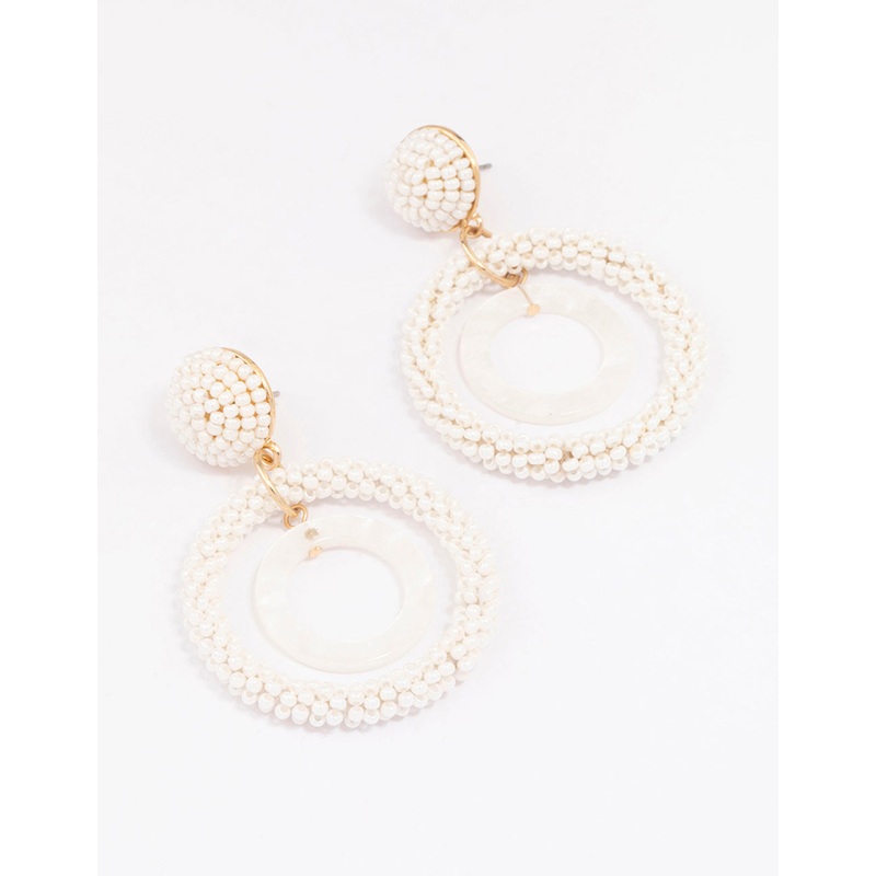 Gold Bead Double Circle Drop Earrings
